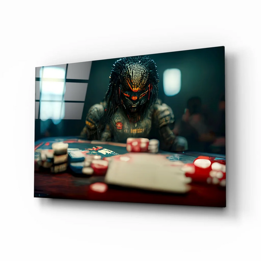 Predator Poker Chips glass wall art with red white dice dark metallic design