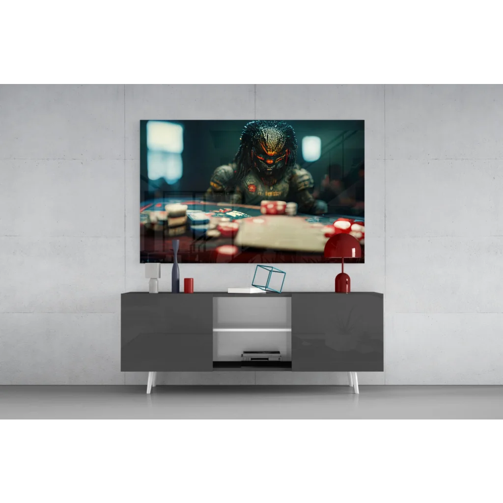 Sleek 4K OLED TV framed in glossy black Predator Poker Chips glass wall art