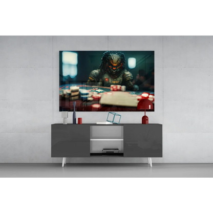 Sleek 4K OLED TV framed in glossy black Predator Poker Chips glass wall art