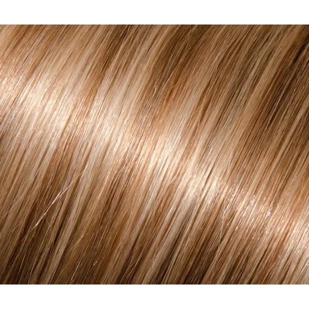 Warm blonde human hair tape in extensions with lighter highlights for a natural look
