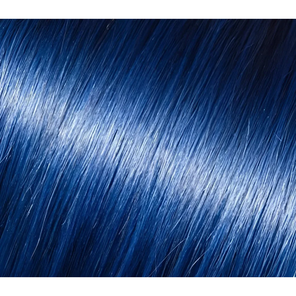 Vibrant blue human hair tape-in extensions with subtle rich brown highlights