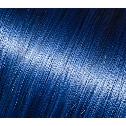 Vibrant blue human hair tape-in extensions with subtle rich brown highlights