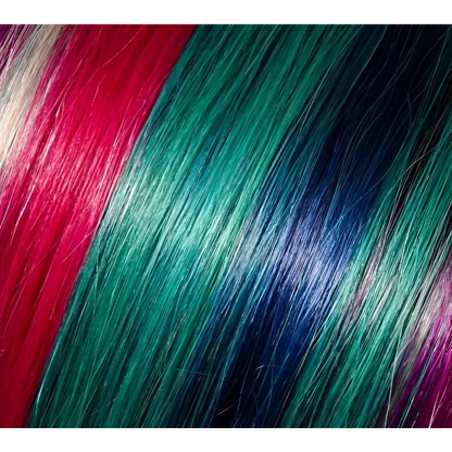 Vibrant multi-colored human hair tape-in extensions with rich brown highlights