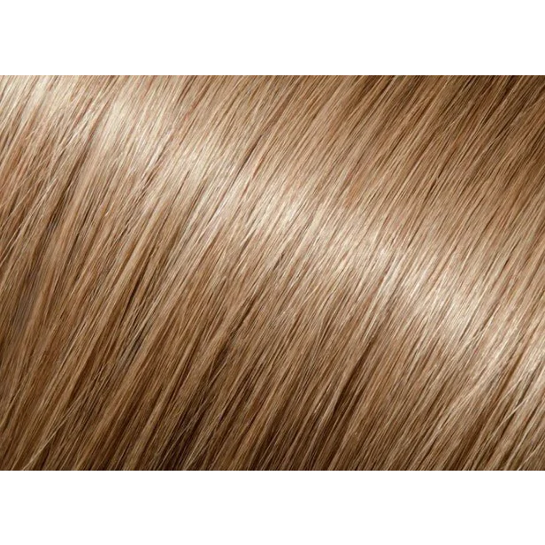 Shining honey blonde human hair tape in extensions with rich brown highlights