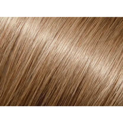 Shining honey blonde human hair tape in extensions with rich brown highlights