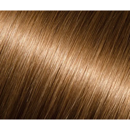 Shiny straight light brown human hair tape in extensions with rich brown highlights