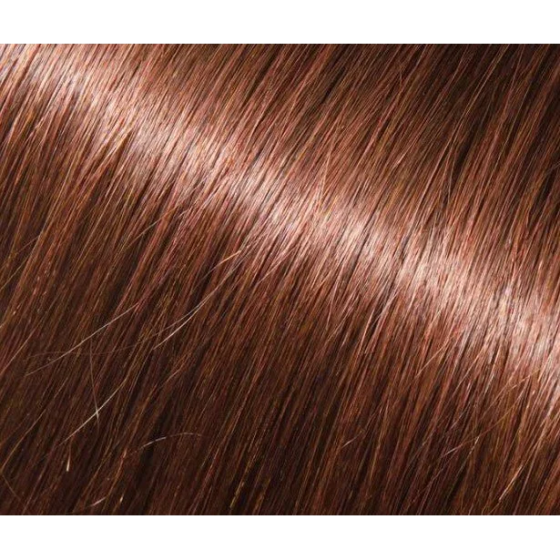 Swatch of glossy reddish-brown human hair with rich brown highlights for extensions