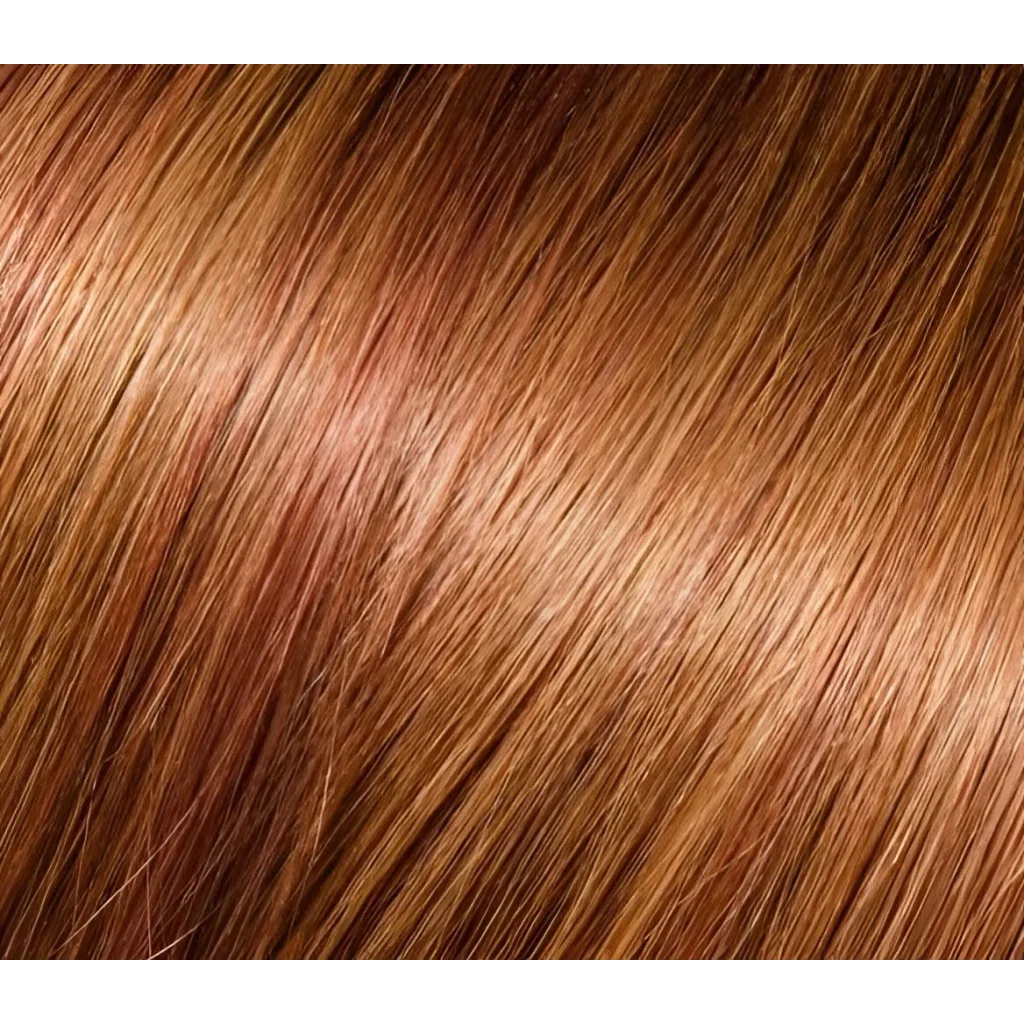 Close-up of shiny reddish-brown human hair tape-in extensions with rich brown highlights