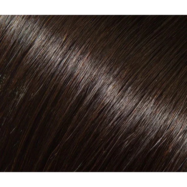 Smooth dark brown hair with subtle highlights from Premium Keratin Fusion Hair Extensions in Rich Auburn Brown