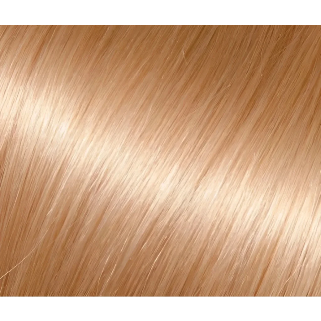Smooth, shiny light blonde or golden-blonde hair with Premium Keratin Fusion Hair Extensions in Rich Auburn Brown