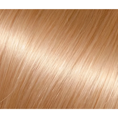 Smooth, shiny light blonde or golden-blonde hair with Premium Keratin Fusion Hair Extensions in Rich Auburn Brown
