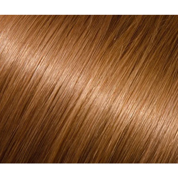 Shiny light brown to reddish-brown hair strands from Premium Keratin Fusion Hair Extensions in Rich Auburn Brown