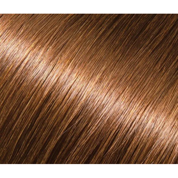 Sleek shiny reddish-brown hair strands from Premium Keratin Fusion Hair Extensions Rich Auburn Brown