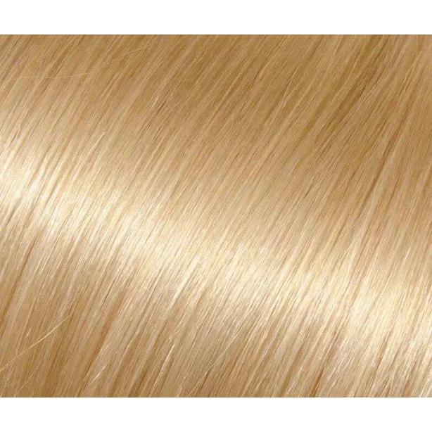 Smooth shiny light blonde hair with Premium Keratin Fusion Hair Extensions in Rich Auburn Brown