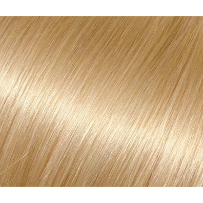 Smooth shiny light blonde hair with Premium Keratin Fusion Hair Extensions in Rich Auburn Brown