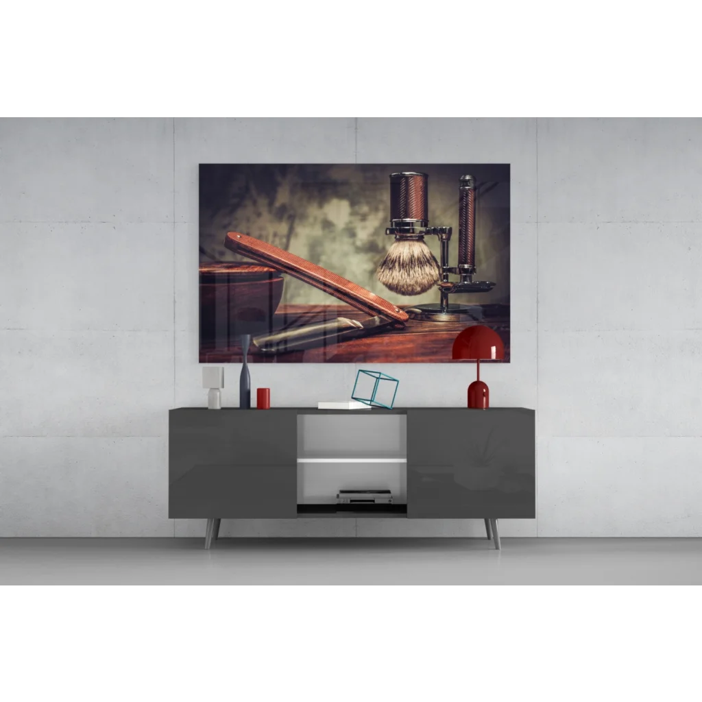 Samsung QLED TV with sleek black frame showing premium shaving set as glass wall art