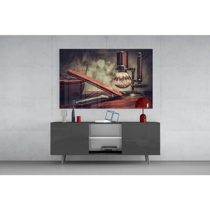 Samsung QLED TV with sleek black frame showing premium shaving set as glass wall art