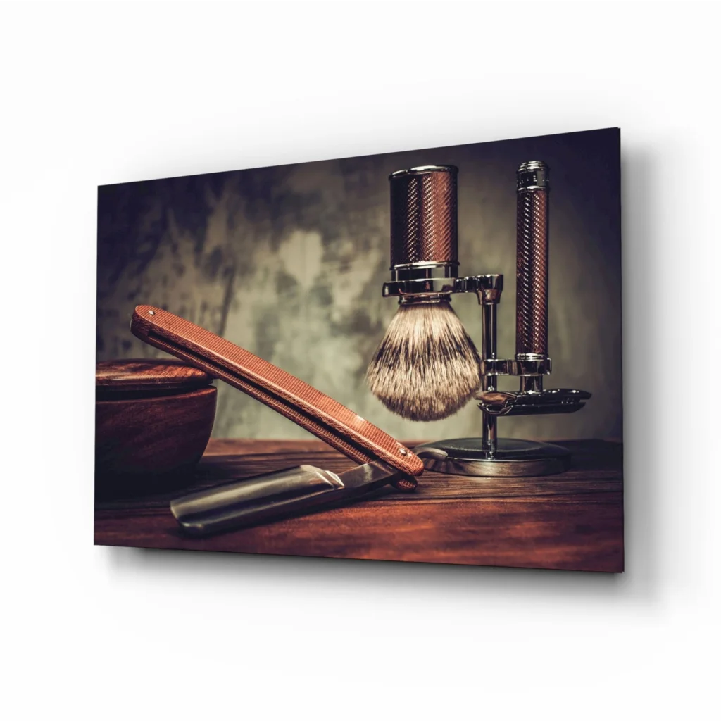 Premium shaving set with black silver brush, wood stand, leather case