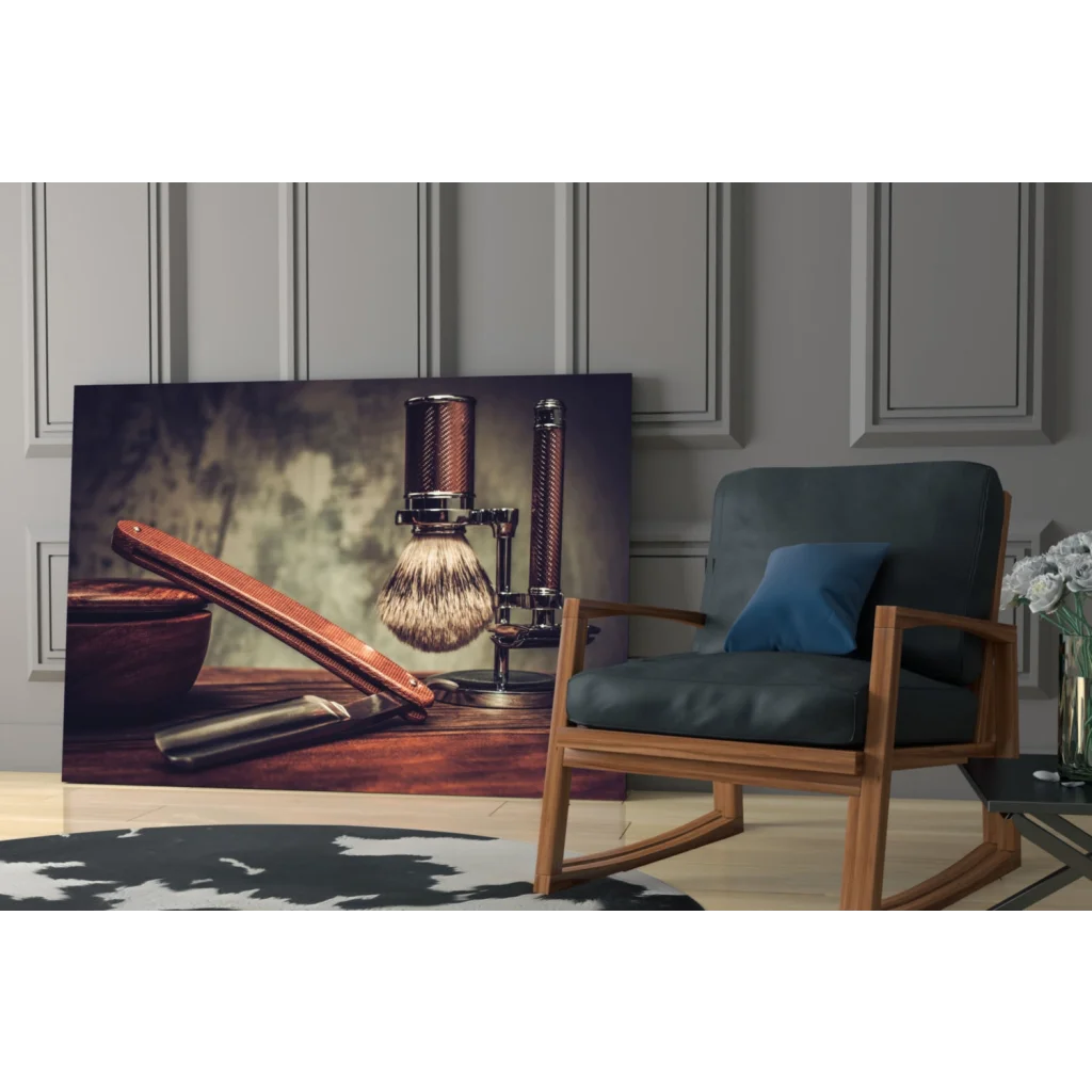 Modern wooden rocking chair with blue cushion, armrests, and glass wall art vibe