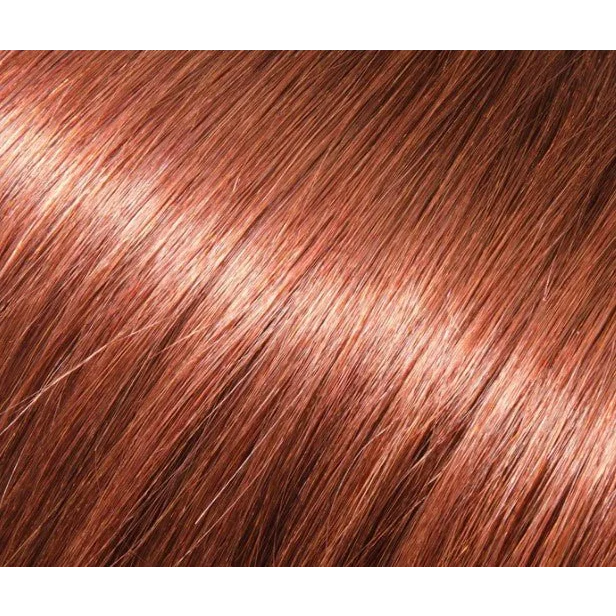Close-up of shiny reddish-brown human hair extensions with 360 degree movement