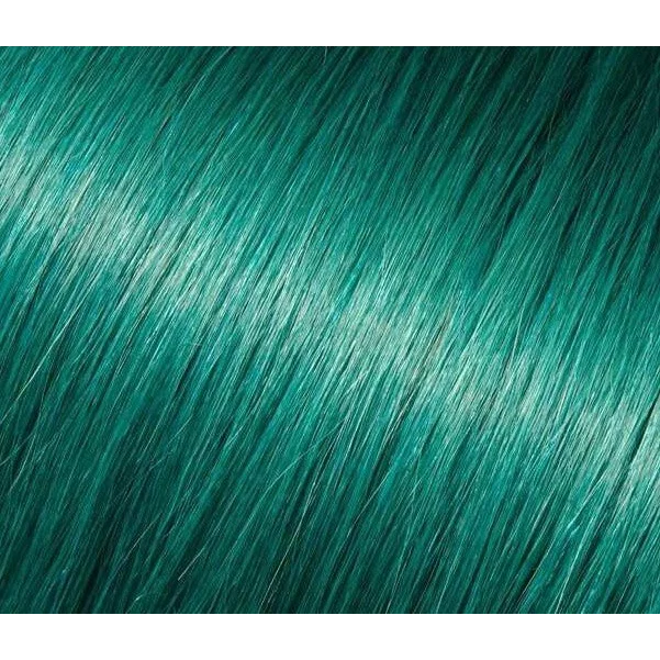 Teal-colored straight shiny human hair extensions with 360 degree movement