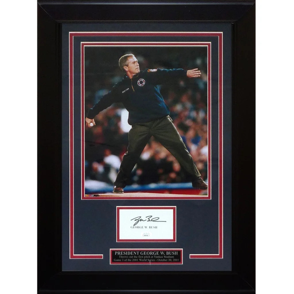 Deluxe framed 11x14 photo of George W. Bush signed first pitch
