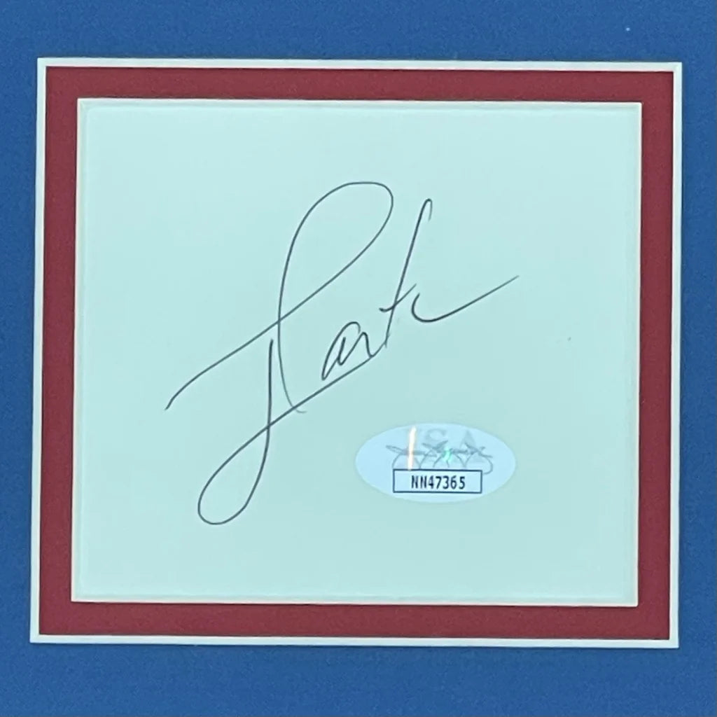 President Jimmy Carter autographed signature in red white frame on blue background, JSA certified