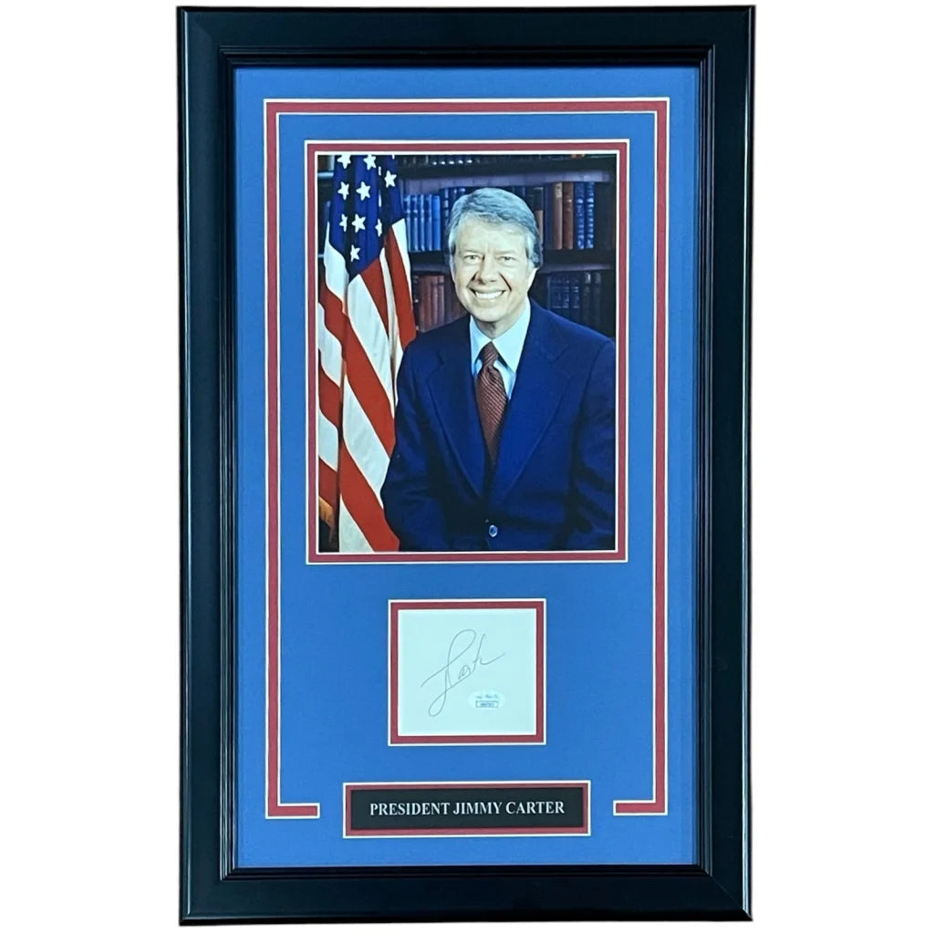 President Jimmy Carter autographed signature series frame with black presidential portrait, blue mat, red white stripes, JSA certified