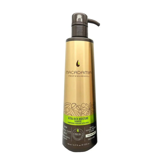 Macadamia Professional Ultra Rich Moisture Shampoo bottle with gold upper section and dark lower section, shown against white background.