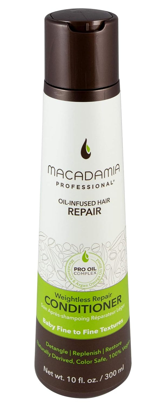 Macadamia Professional Oil-Infused Hair Repair Weightless Conditioner bottle with brown cap and white label featuring green accent band, front-facing product shot.
