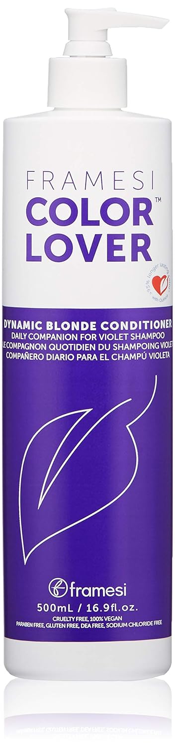 White pump bottle with purple band labeled Framesi Color Lover Dynamic Blonde Conditioner, 500mL, displayed against white background.