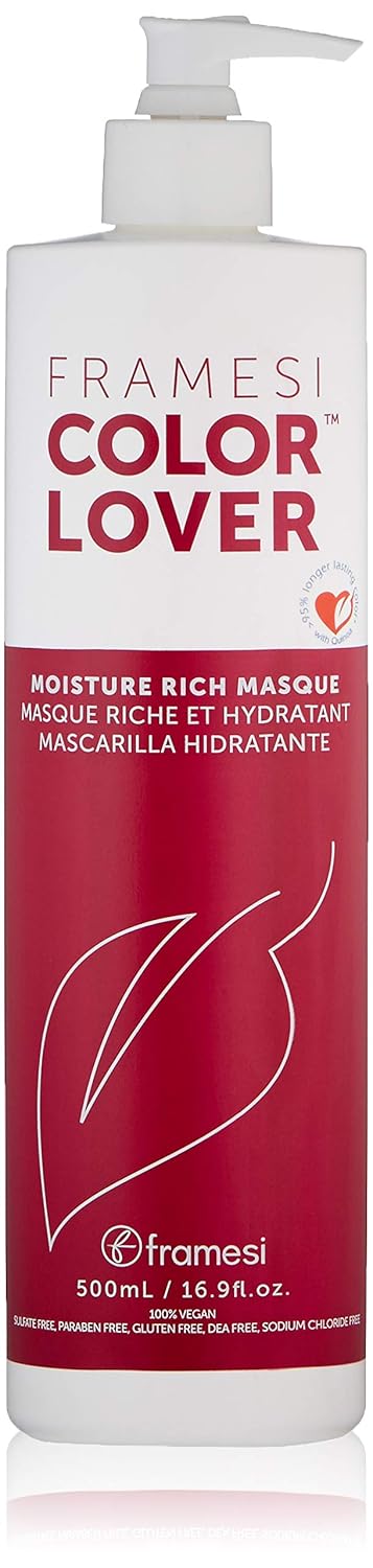 Framesi Color Lover Moisture Rich Masque bottle with white pump dispenser, burgundy label, and 500mL size text visible against white background.