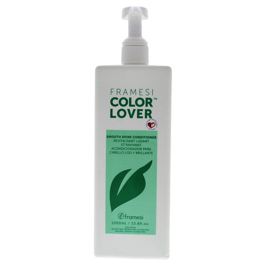 White pump bottle of Framesi Color Lover Smooth Shine Conditioner with green label on white background, front view.