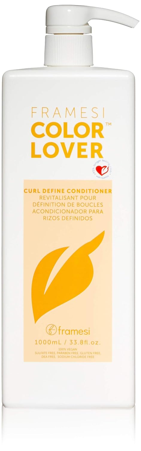 White pump bottle of Framesi Color Lover Curl Define Conditioner with yellow and orange branding and leaf logo, 1000mL size, front view.