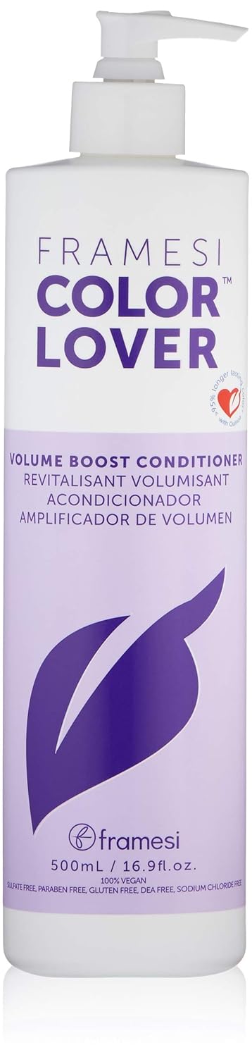 Full-front view of a white and lavender pump bottle of Framesi Color Lover Volume Boost Conditioner with purple text and leaf logo.