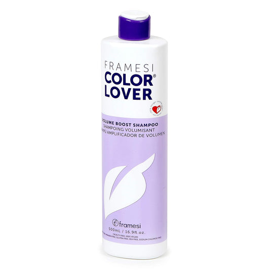 Framesi Color Lover Volume Boost Shampoo bottle with white and lavender label, purple cap, front view displaying product name and text.