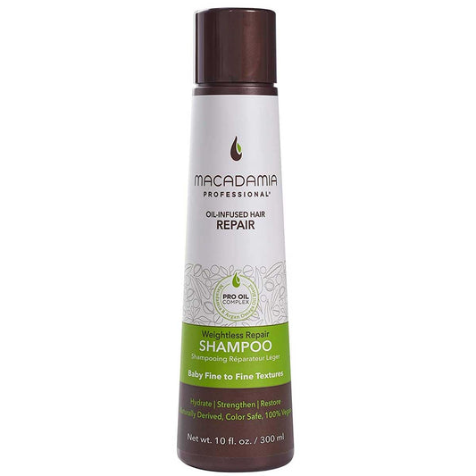 Macadamia Professional Weightless Repair Shampoo bottle with dark brown cap and white-green label against white background.