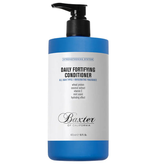 Blue and white pump bottle of Baxter of California Daily Fortifying Conditioner displayed against white background, front view.