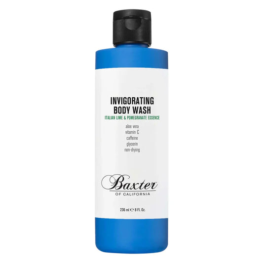 Baxter of California invigorating body wash bottle with blue cap and white label against white background.