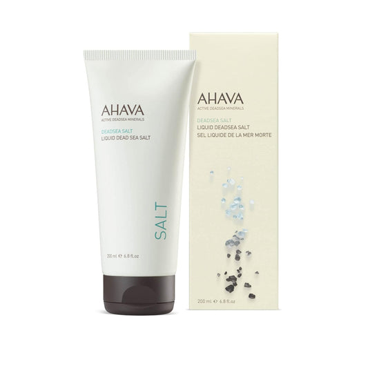 AHAVA Liquid Deadsea Salt product tube and cream-colored box displayed side-by-side, showing front packaging with blue and black mineral graphics.