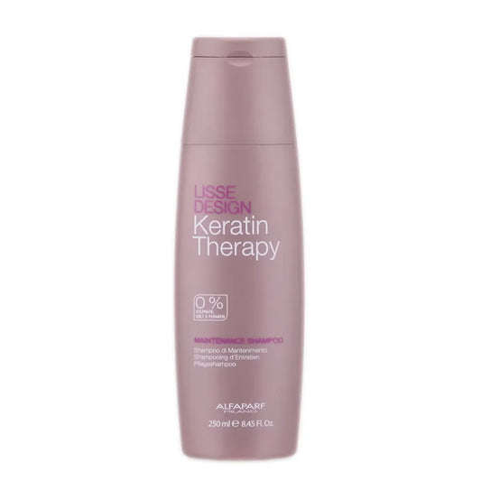 Alfaparf Lisse Design Keratin Therapy Maintenance Shampoo bottle in mauve-pink with white text, 250ml size, front-facing product shot.