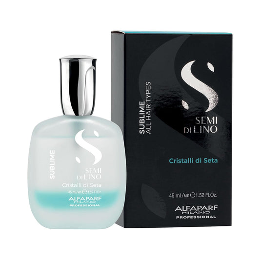 Alfaparf Semi Di Lino Sublime hair serum bottle with silver cap next to black packaging box against white background.