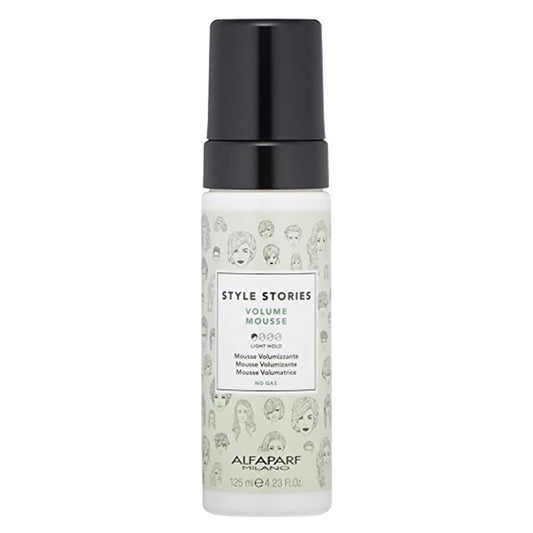 Alfaparf Milano Style Stories Volume Mousse in white pump bottle with black cap, front label view against white background.