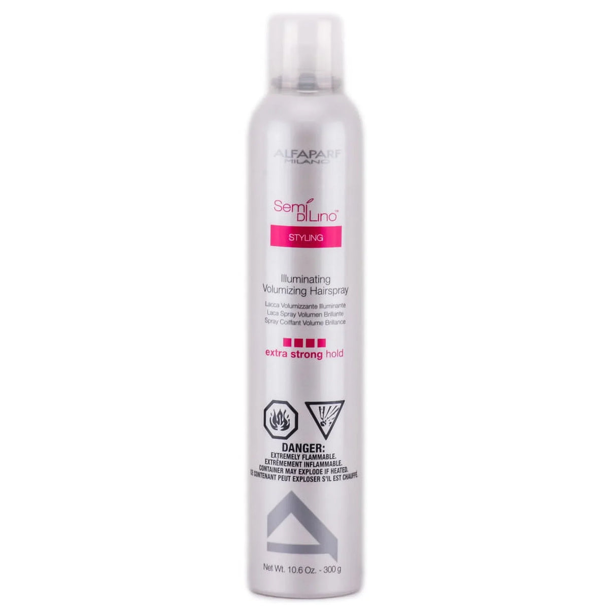 Silver aerosol spray bottle with pink and white labeling for Alfaparf Semi Di Lino Illuminating Volumizing Hairspray, front view against white background.