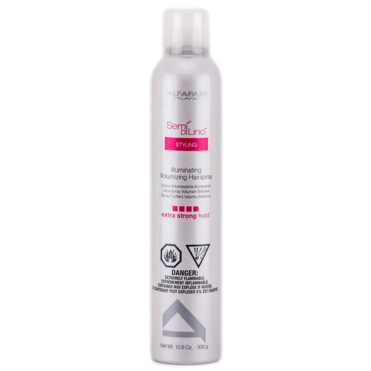 Silver aerosol spray bottle with pink and white labeling for Alfaparf Semi Di Lino Illuminating Volumizing Hairspray, front view against white background.