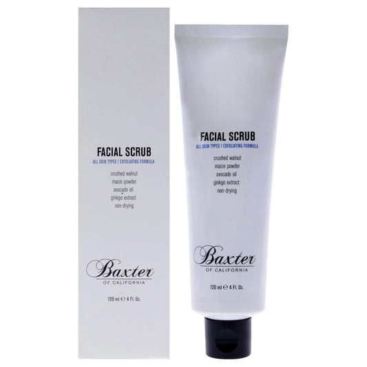 Baxter of California Facial Scrub tube with white box packaging displayed side by side against white background.