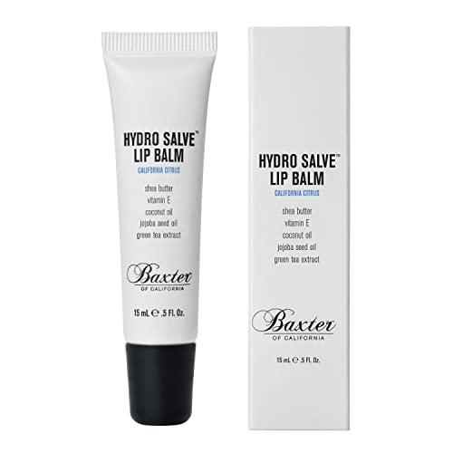 Baxter of California Hydro Salve Lip Balm tube with black cap displayed next to its white cardboard box packaging.