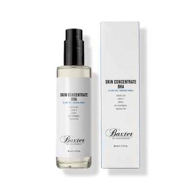 Baxter of California Skin Concentrate BHA bottle with black pump dispenser next to white product box on white background.