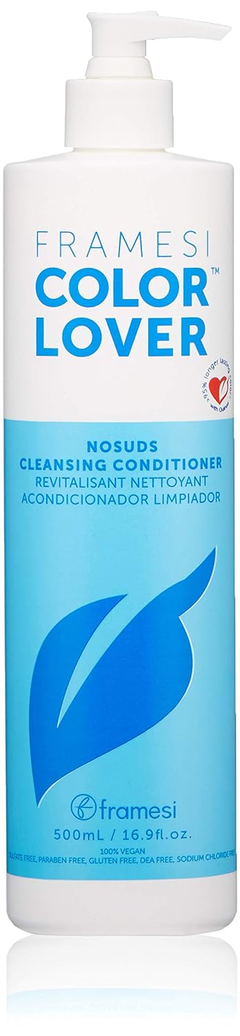 White pump bottle with blue lower half featuring blue leaf design, displaying Framesi Color Lover No Suds Cleansing Conditioner branding and 500mL size.