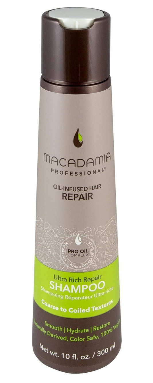 Macadamia Professional Oil-Infused Hair Repair shampoo bottle with brown cap and cream label, displayed against white background.